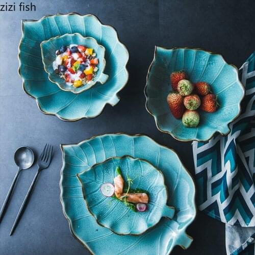 Creative Blue Leaf Dinner Plate Ceramic Noodle Bowl Household Tableware Set Large Capacity Salad Fruit Plate Kitchen Accessories