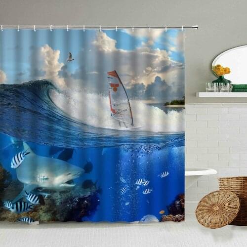Blue Ocean Waves Natural Scenery Waterproof Shower Curtain Surfing Dolphin Shark Creative Bathroom Partition 3D Cloth Curtains