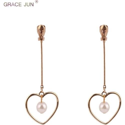 GRACE JUN Hollow-out Heart Gold Color Clip on Earring for Women Fashion Luxury Long Simulated Pearl No Pierced Earrings 2018 New