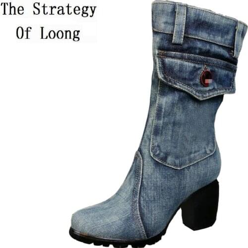 Women Thick Heels Blue Denim Half Boots Lady Winter Short Plush Thick Warm Mid Calf Crystal Knight High Boots Plus Size 40 41 42