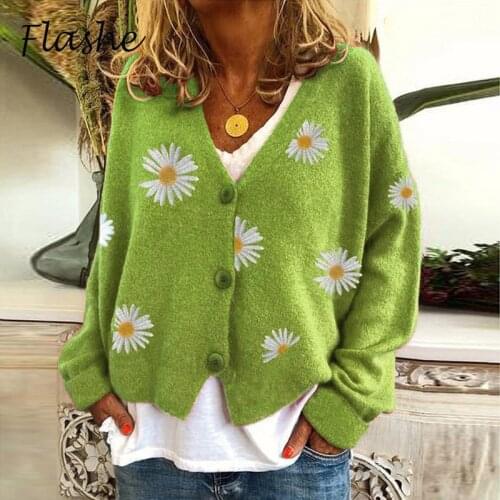 Women Short Cardigan Knitted Sweater Female Autumn Winter Long Sleeve V neck Vintage Cardigans Casual Print Coat Women Top