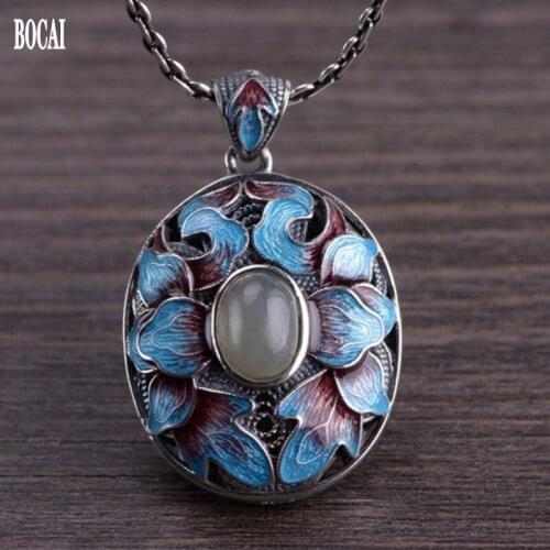 2020 New real S925 Silver Pendant Woman Burning Blue Craft Fashion Filigree Peony Set With Natural Stone Engraved Woman Pendant