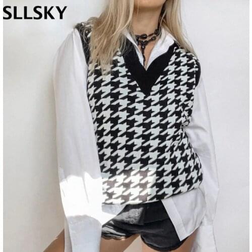 Vangull Black white plaid sweater vest women Casual knitted pullovers female Autumn korean style waistcoat loose sweater tops
