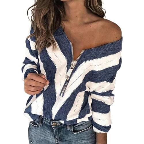 Women Knitted Pullove Stripped Print Zipper Neck Knitted Sweater Long Sleeve Loose Fit V-Neck Women Knitwear Ladies Clothing