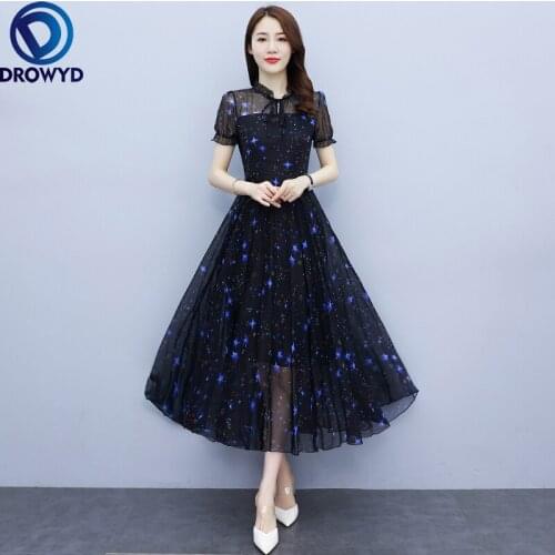 Summer Office Lady Elegant Dress 2021 Women Short Sleeve Black Floral Print Long Chiffon Dresses Fashion Party Runway Vestidos
