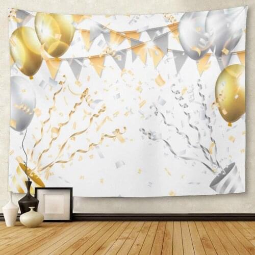 Birthday Gold and Silver Balloons Confetti Flag Party Popper on White Surprise Anniversary Tapestry Wall Hanging for Living Room