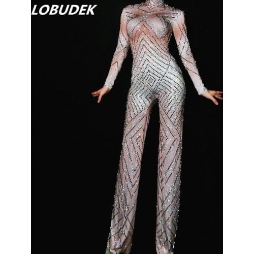 Sparkly Rhinestones flared trousers Jumpsuit Bell-bottoms Pants Rompers Models Catwalk shows Star Party Singer Women DS Costume