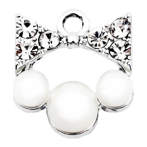 Hot Sale 20pcs/lot Metal Silver Bowknot Crystal Pearl Dangle Charms Lobster Clasp Charms For Bracelet Necklace DIY Jewelry