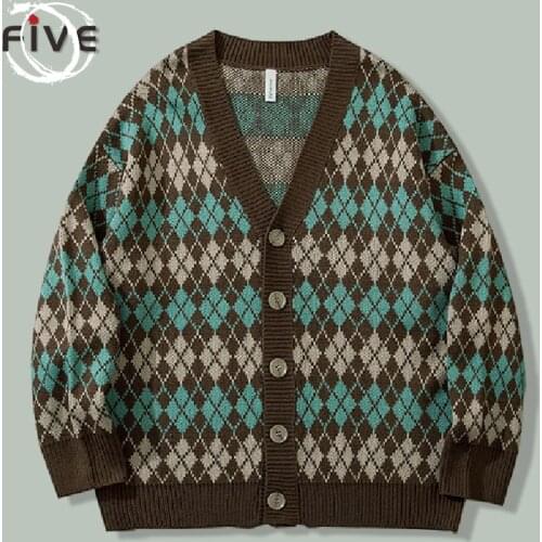 Harajuku Retro Plaid Print Cardigan Sweater Men Hip Hop Streetwear Campus Casual Sweaters 2021 Autumn Winter Knitting Loose Coat