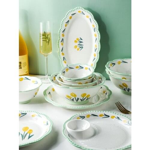 Ceramic Cutlery Tulips Floral Printed Under Glazed Korea Style Dinner Food Container 6 Inch Ins Popular Rice Bowls Fish Plates