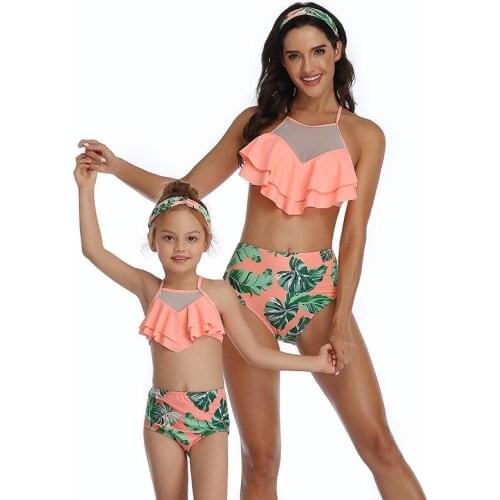 Floral Ruffled Hem Bikini Set Mother Daughter Dresses High-waisted Family Swimsuit Girl Beach Bathing Suit Swimwear Biquinis