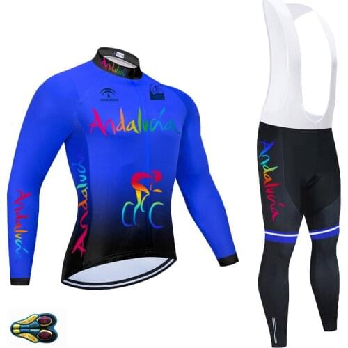 2021 Team Andalucia Cycling Jersey Set 20D Blue Long Sleeve Bike Cycling Set Ropa Ciclismo Pro Bicycle Wear Bike Clothing Autumn