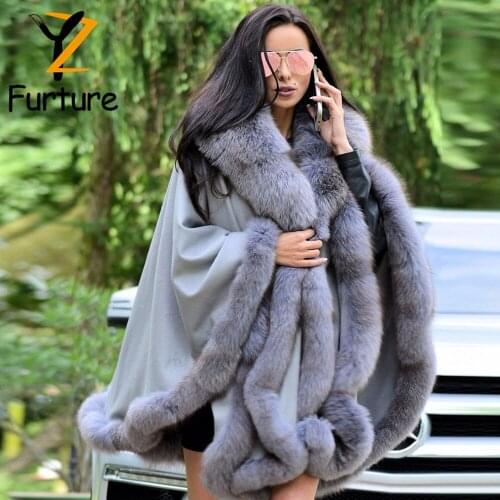 Fashion Bat-shaped Design Cashmere Cloak With Natural Fox Fur Coat Cape Winter Women Loose Long Shawl Warm Robe Overcoats New