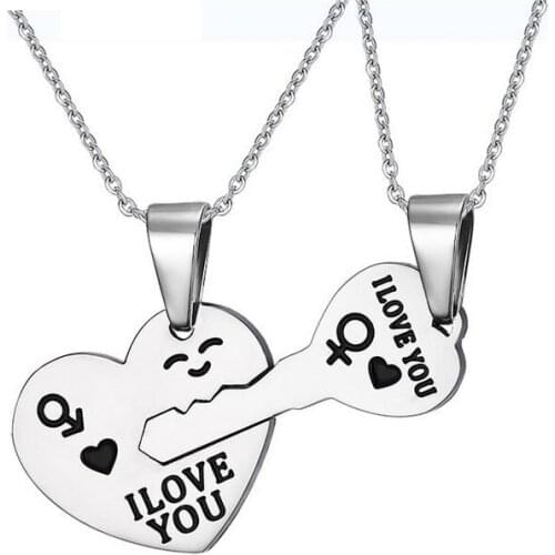 Fashion Korean Pendant Necklaces Engrave I Love You Matching Hearts Couple Necklace Set 316L Stainless Steel 1 pair