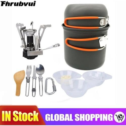 Outdoor Hiking Camping Cookware Set Portable Cooking Tableware Picnic Set Pot Pans Bowls With Dinnerware Gas stove 1-2 Persons