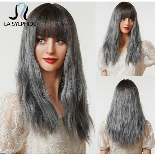 La Sylphide Halloween Cosplay Wig Long Nature Wave Root Black Ombre Grey Silver Synthetic Wigs with Bangs for Woman Party wigs