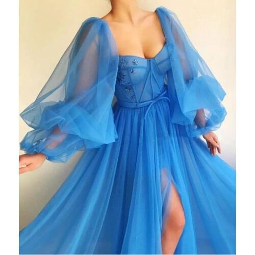 A-Line Luxurious Elegant Engagement Formal Evening Dress Scoop Neck Long Sleeve Sweep / Brush Train Tulle with Pleats Split 2021