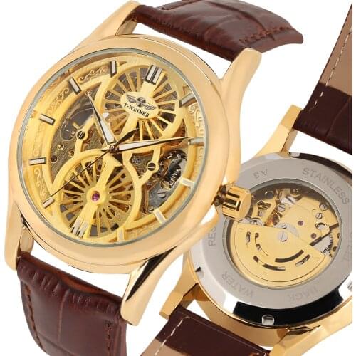 Luxury Gold Skeleton Watch for Men Brown Leather Band Automatic Mechanical Watches for Male Stylish Men Mechanical Watch Gift