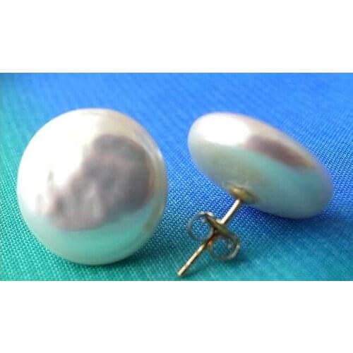 Free shipping 12-13MM WHITE COIN FRESHWATER PEARL STUD EARRING 14k/20 GOLD