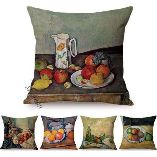 Nordic Vintage Still Life Oil Painting Art Home Decoration Throw Pillows Vase Milkjug Green Fruits Design Car Sofa Cushion Cover