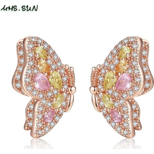 MHS.SUN Creative Fashion Butterfly Design Earrings luxury AAA Cubic Zirconia Crystal Women Stud Earrings Jewelry Fashion Gift