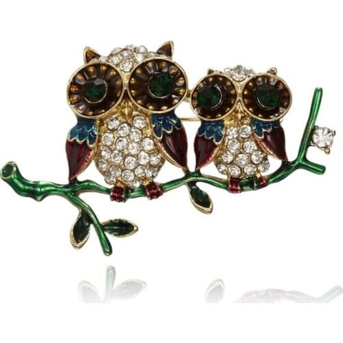 Rhinestone Colorful Enamel Couple Owl Branch Pins Men Womens Alloy Bird Brooches For Suits Dress Banquet Broches Jewelry Gifts