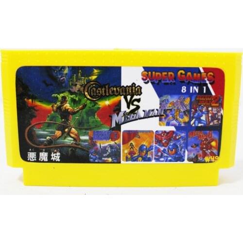 Super Games 8 In 1 Game Cartridge with Megaman 1/2/3/4/5/6 + Castlevania 1/2 8bit Game Card Drop shipping