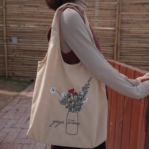 Capacity corduroy Women Shoulder Bag Embroidered Flower Cotton Tote Shopper Bag Chic Eco Reusable Shopping Bag Handbag Cloth