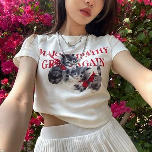 Harajuku Mujer Kawaii Clothes Cute Cartoon Cat Vintage Slim Crop Top Casual Printed Female Ulzzang 90s Y2K Kawaii Women T-shirt