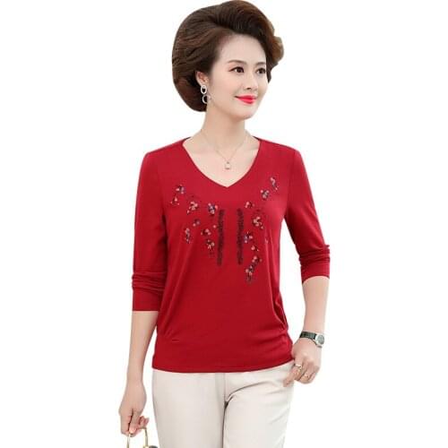 Floral Embroidery Womens Clothing Autumn Spring New Fashion V-neck Long-sleeved Casual Loose T-shirt Plus Size 5XL Tee Tops