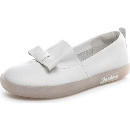 Hot 2020 Spring New Round Head Bow Shallow Mouth Shoes Soft Bottom Fashion Casual Shoes Genuine Leather Comfort Women Flat Shoes