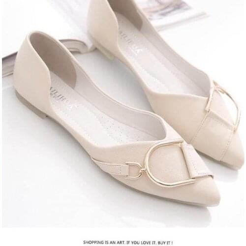 Womens Flats PU Apricot Pointed Toe Metal Buckle Decoration Fashion Casual Office Lady Shoes Size 35-40