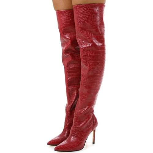 Red Python Thigh High Boots Stiletto High Heel Sexy Pointy Toe Side Zipper Custom Made Long Boots Women Runway Party Shoes