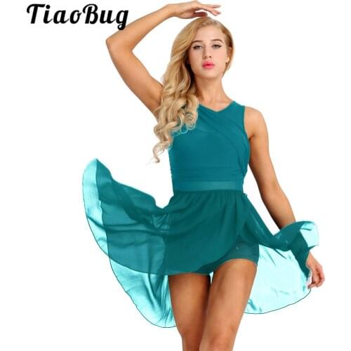 TiaoBug Women Sleeveless Cutout Asymmetric Chiffon Stretchy Ballet Tutu Dress Adult Ballerina Party Dancewear Gymnastics Leotard