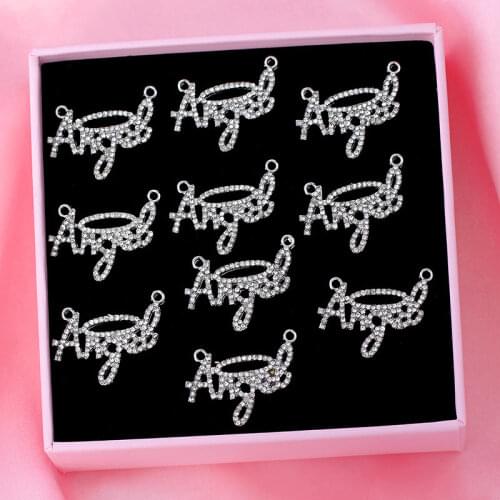10Pcs Silver Alloy Rhinestone Angel Alphabet Charms 25*23mm 2 Holes Connectors Metal Letter Charm For DIY Necklace Accessories