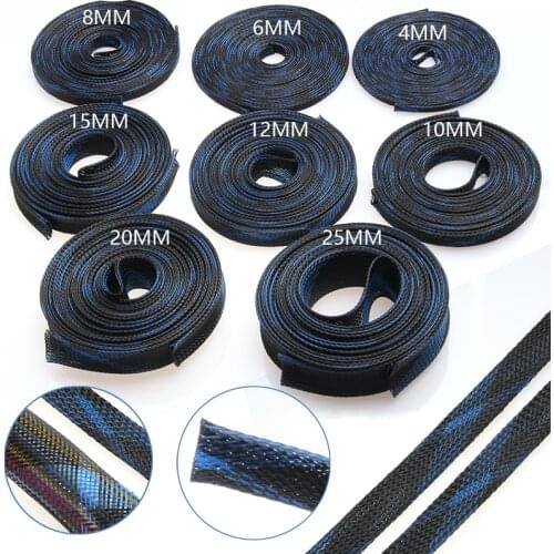 20M Cable Sleeve Blue&Black Expandable High Density Wire Protection PET Nylon Braided Sleeving Cables 2/4/6/8/10/12/15/20/25mm