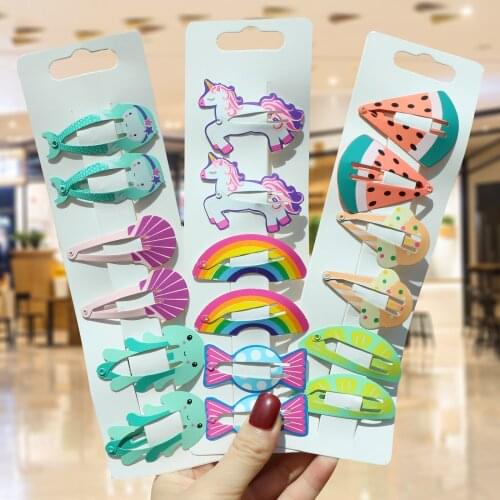6 Pcs / Set Cute Girl Baby Hair Clips Kids Funny Cartoon Snap Hairpins Fruit Ice Cream Snowman Children Hair Accessories