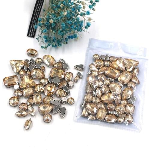 Free shipping 50pcs/bag mixed shape champagne glass crystal sew on claw rhinestones for dress diy clothing accessories