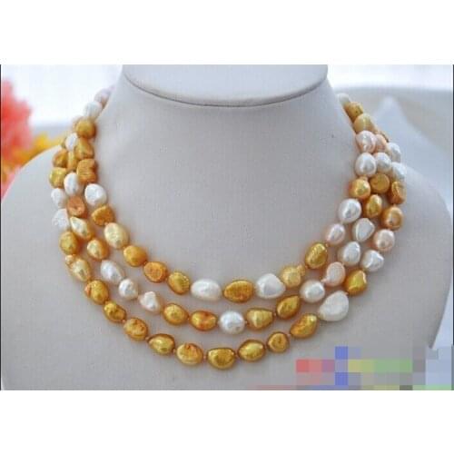 CB172 beautiful 50" 10mm baroque yellow white pink freshwater pearl necklace