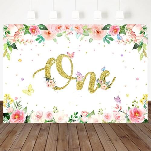 Baby shower Photography 1st bithday Girl floral Butterfuly Backdrop Fantasy Photo Booth Gold Pink Decorations Photobooth