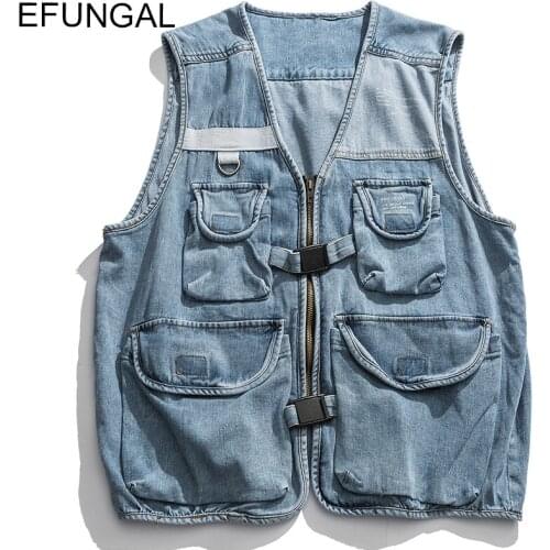 EFUNGAL Denim Jean Vest Men Multiple Pockets Hip Hop Vests Zipper Streetwear Skateboard Sleeveless Winter Casual Jackets Coats
