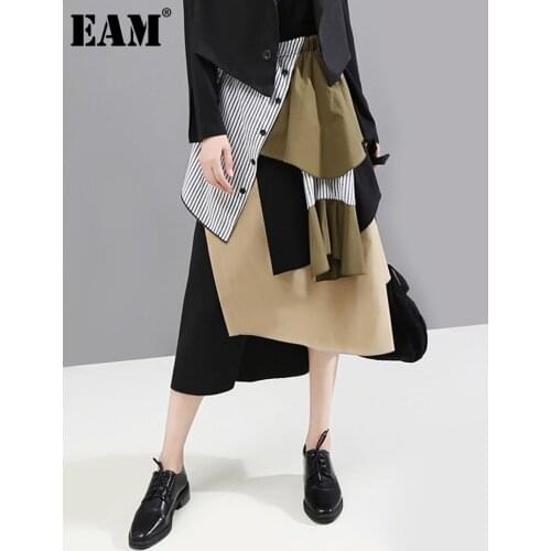 [EAM] High Elastic Waist Spliced Hit Color Asymmetric Striped Half-body Skirt Women Fashion Tide New Spring Autumn 2021 1A888