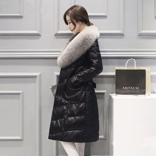 Leather Jacket Sheepskin Genuine Leather Jacket Women Real Fox Fur Collar Duck Down Winter Coat Korean Chaqueta Mujer 6888 YY885