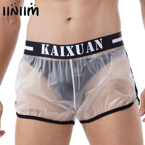 Summer Men Swimwear Transparent Boxer Shorts Mid Waist Letter Print Elastic Wide Waistband Beachwear See-through Swimming Trunks
