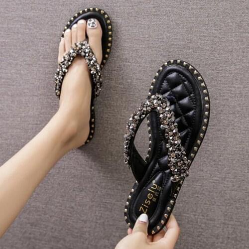 Fashion Luxury Rhinestones Diamond Women Flip Flops Sandals Slippers Holidays Beach Shoes Flat Sandal Female Size 35-41 qq706