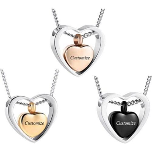 Stainless steel gold,rose gold,black gun,Double Heart Ash Necklace Urn Ashes Keepsake Memorial Pendant Custom Cremation Jewelry