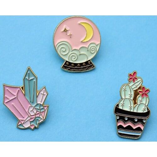 Newest Crystal Ball cactus Potted plant Metal Enamel Brooches Fashion Badges Pin Backpack Coat Lapel Pins Jewelry Accessories