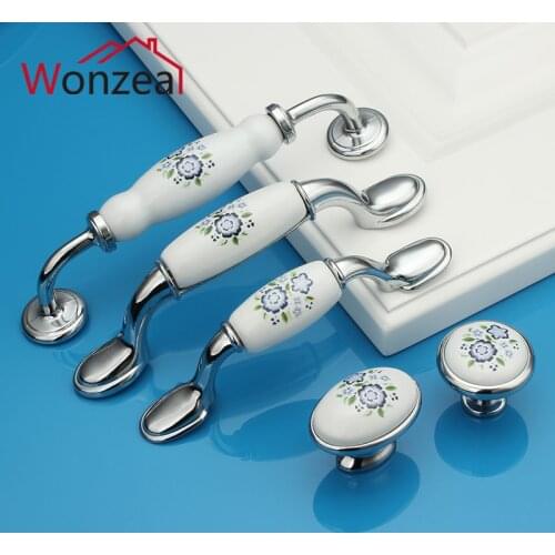 Single Knob/ Hole CC 76mm/96mm/160 Chrome Finished Ceramic Furniture Handle Drawer Pull Knob with Blue Flower Print for cabinet