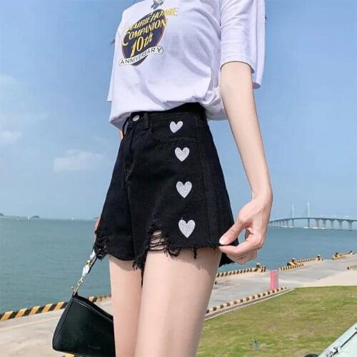 Latimeelon Black Summer Jeans Shorts Harajuku Heart Embroidery Shorts Womens Leisure Korean Ulzzang Trendy Street Summer Jeans