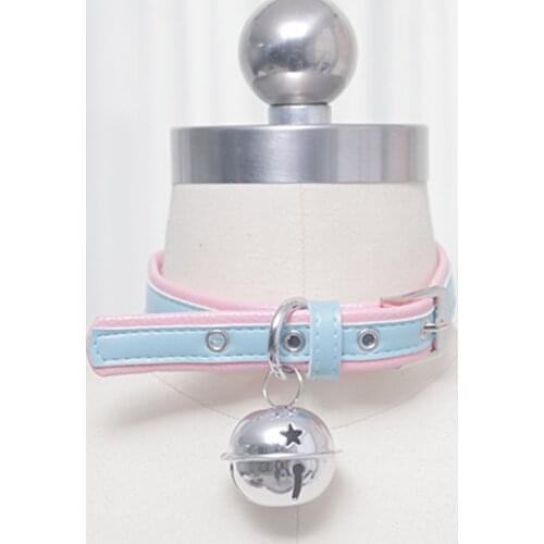 Pink Blue PU leather Goth punk Women Neck Ring With Bell Traction chain Harajuku Girls Necklace Bondage Cosplay Neck ornament